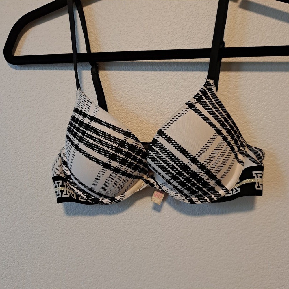 Victorias Secret PINK Plaid Push Up Bra Black White Logo Band 32B Underwire